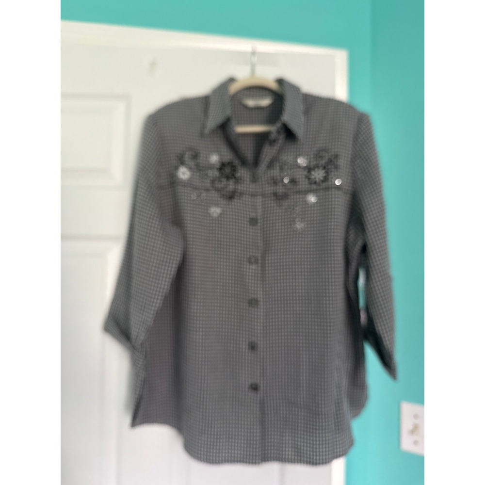 Allison Daley Womens Black White Gingham Floral Embroidered Sequin Shirt Size 16